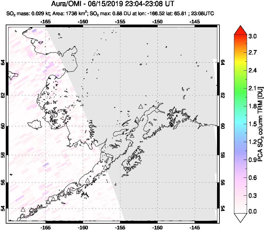 A sulfur dioxide image over Alaska, USA on Jun 15, 2019.