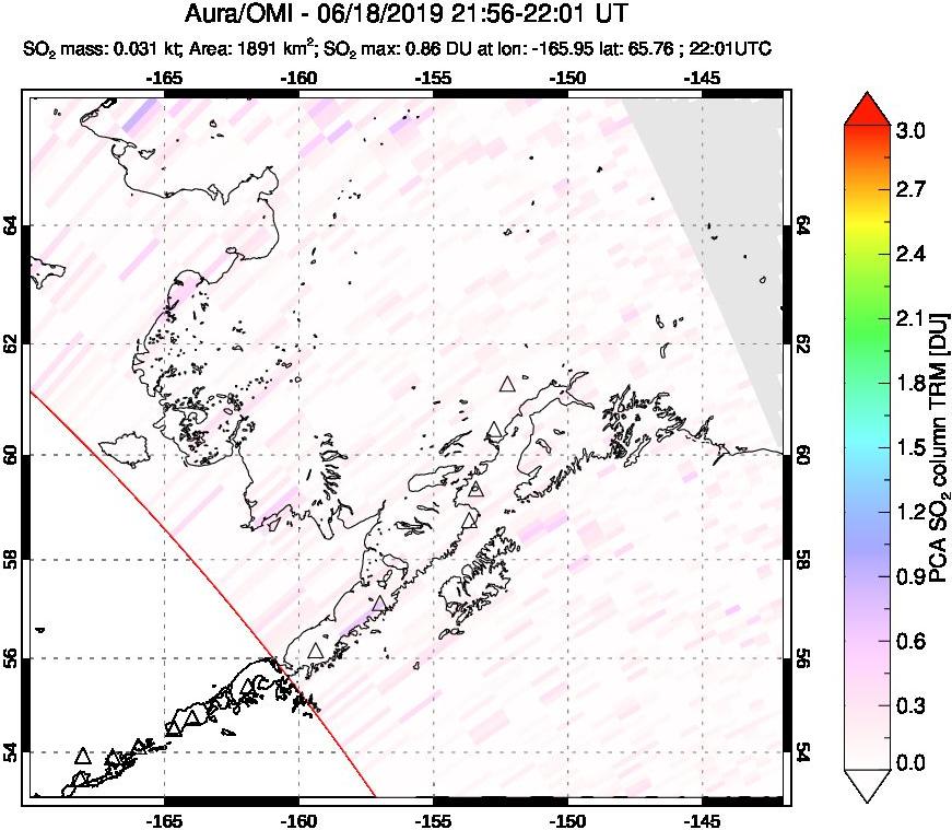 A sulfur dioxide image over Alaska, USA on Jun 18, 2019.
