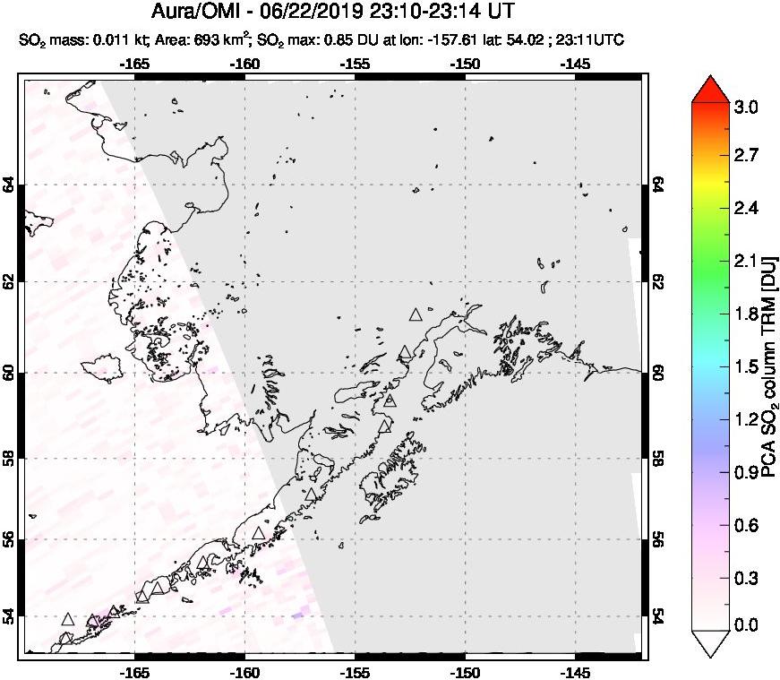 A sulfur dioxide image over Alaska, USA on Jun 22, 2019.
