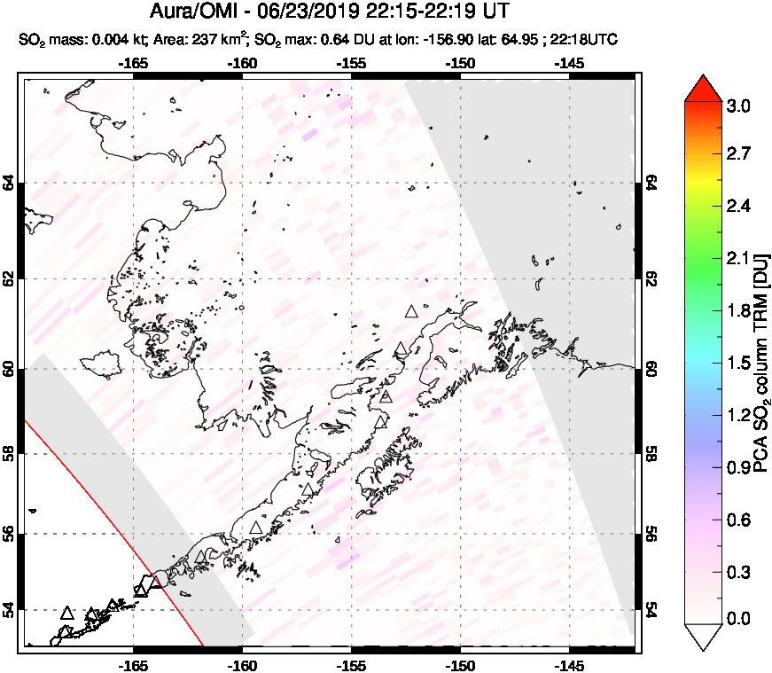 A sulfur dioxide image over Alaska, USA on Jun 23, 2019.