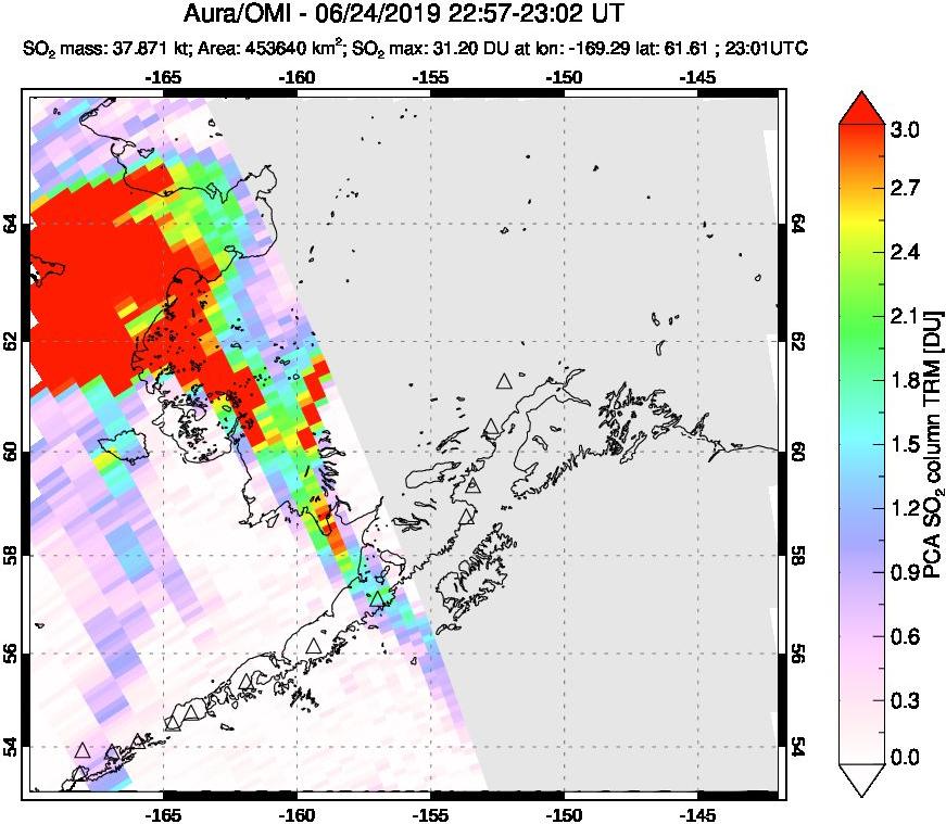 A sulfur dioxide image over Alaska, USA on Jun 24, 2019.