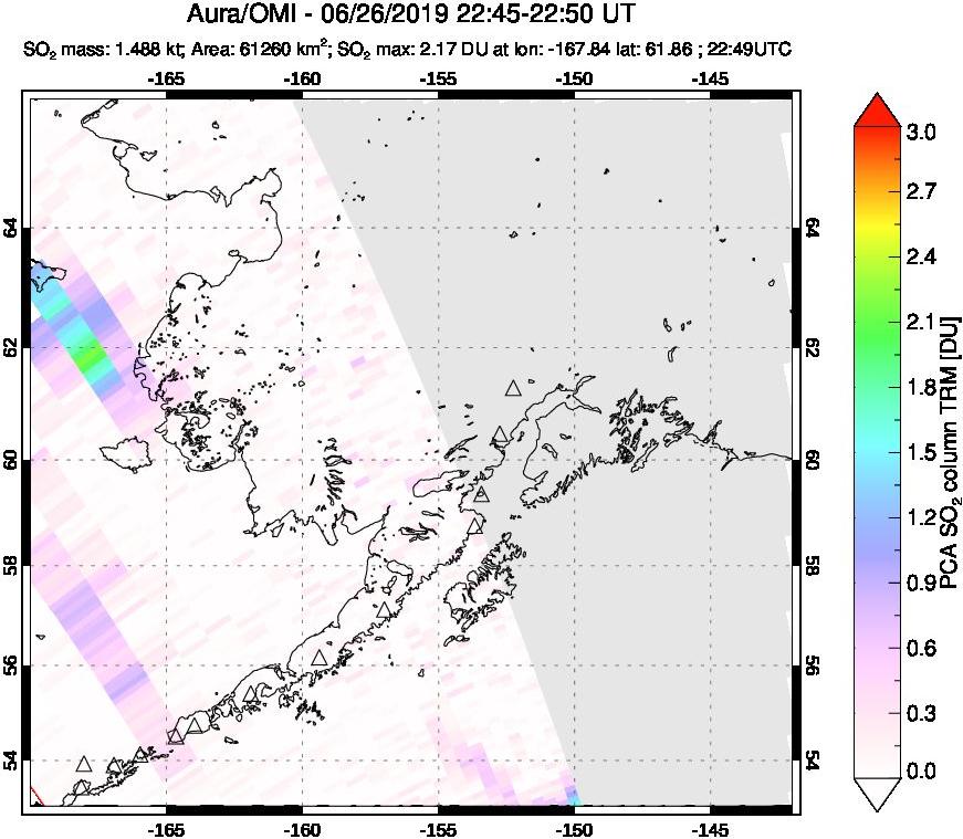 A sulfur dioxide image over Alaska, USA on Jun 26, 2019.