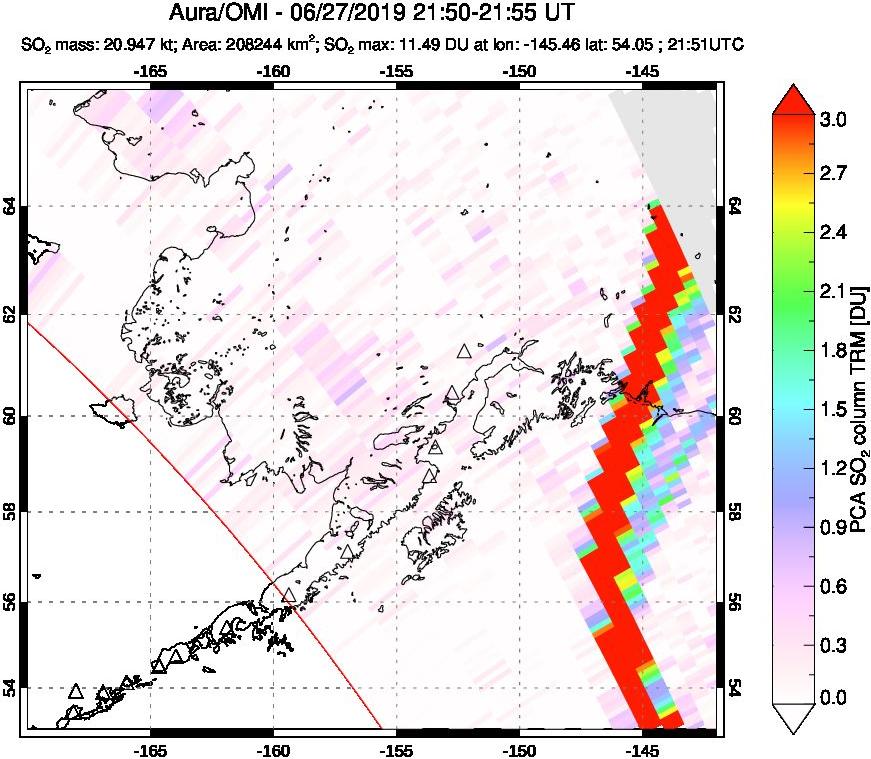 A sulfur dioxide image over Alaska, USA on Jun 27, 2019.