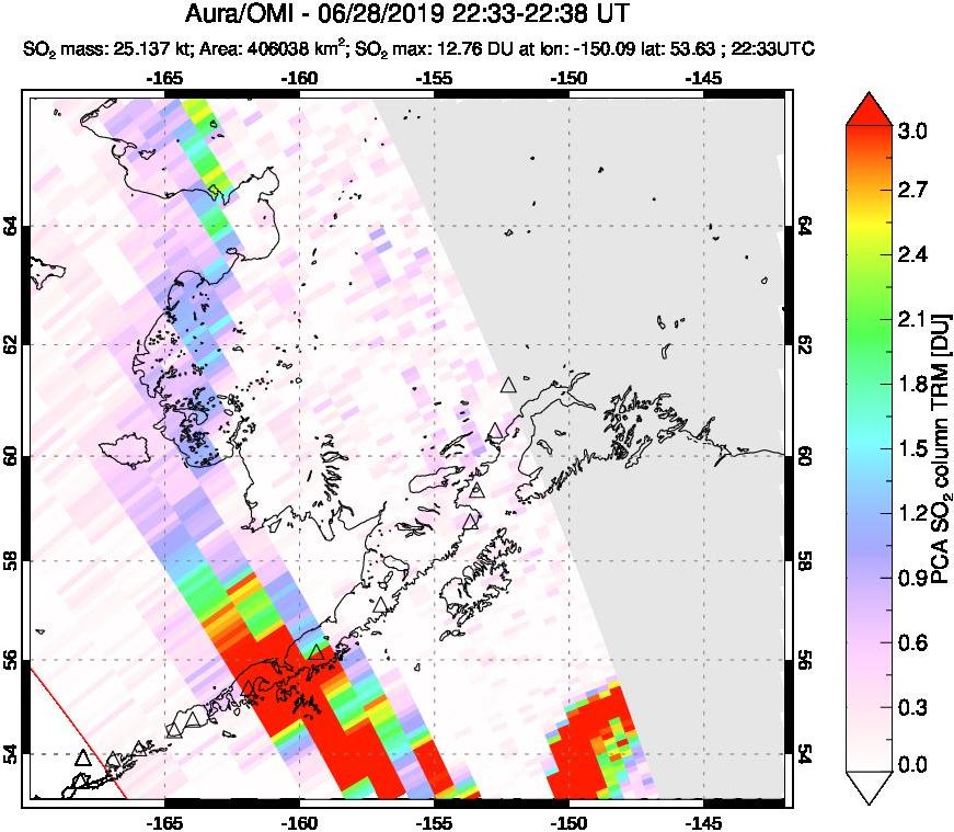 A sulfur dioxide image over Alaska, USA on Jun 28, 2019.