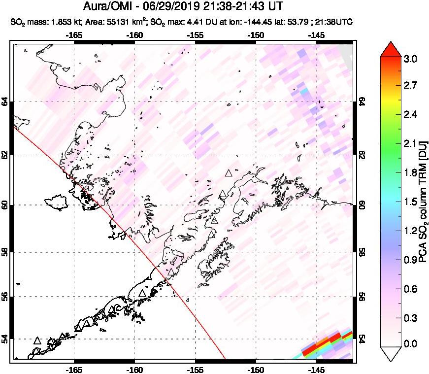 A sulfur dioxide image over Alaska, USA on Jun 29, 2019.