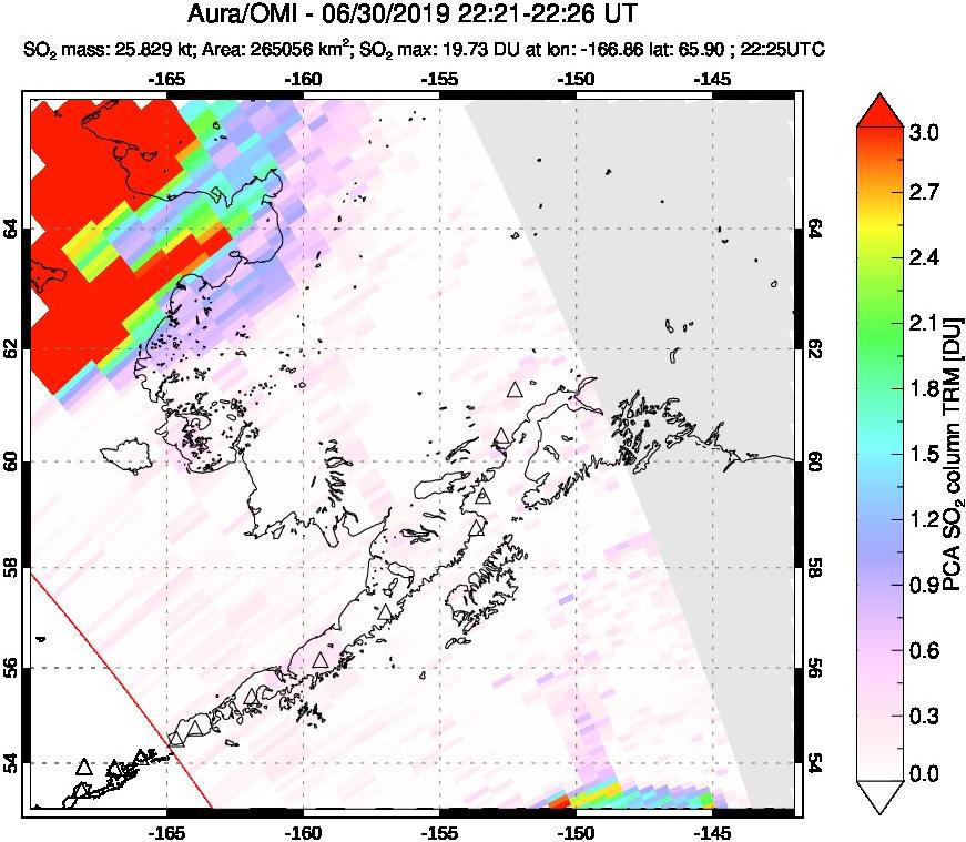 A sulfur dioxide image over Alaska, USA on Jun 30, 2019.