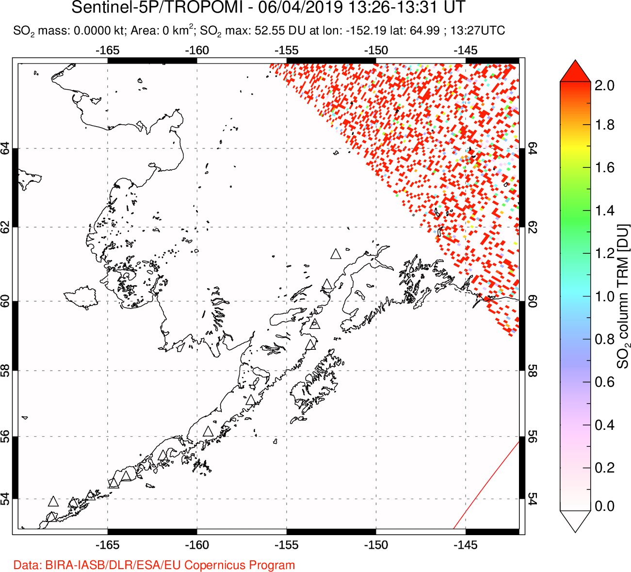 A sulfur dioxide image over Alaska, USA on Jun 04, 2019.