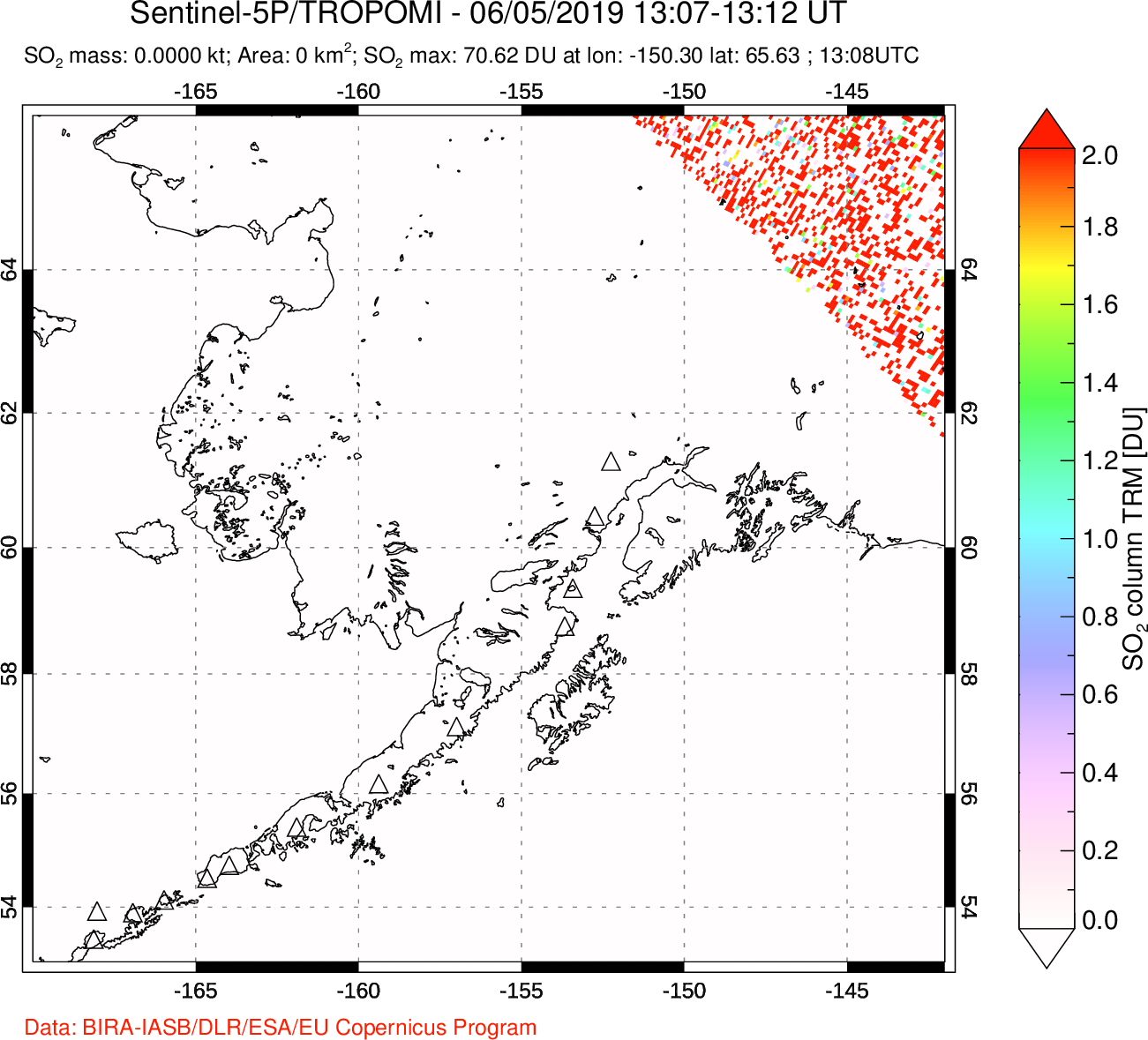 A sulfur dioxide image over Alaska, USA on Jun 05, 2019.