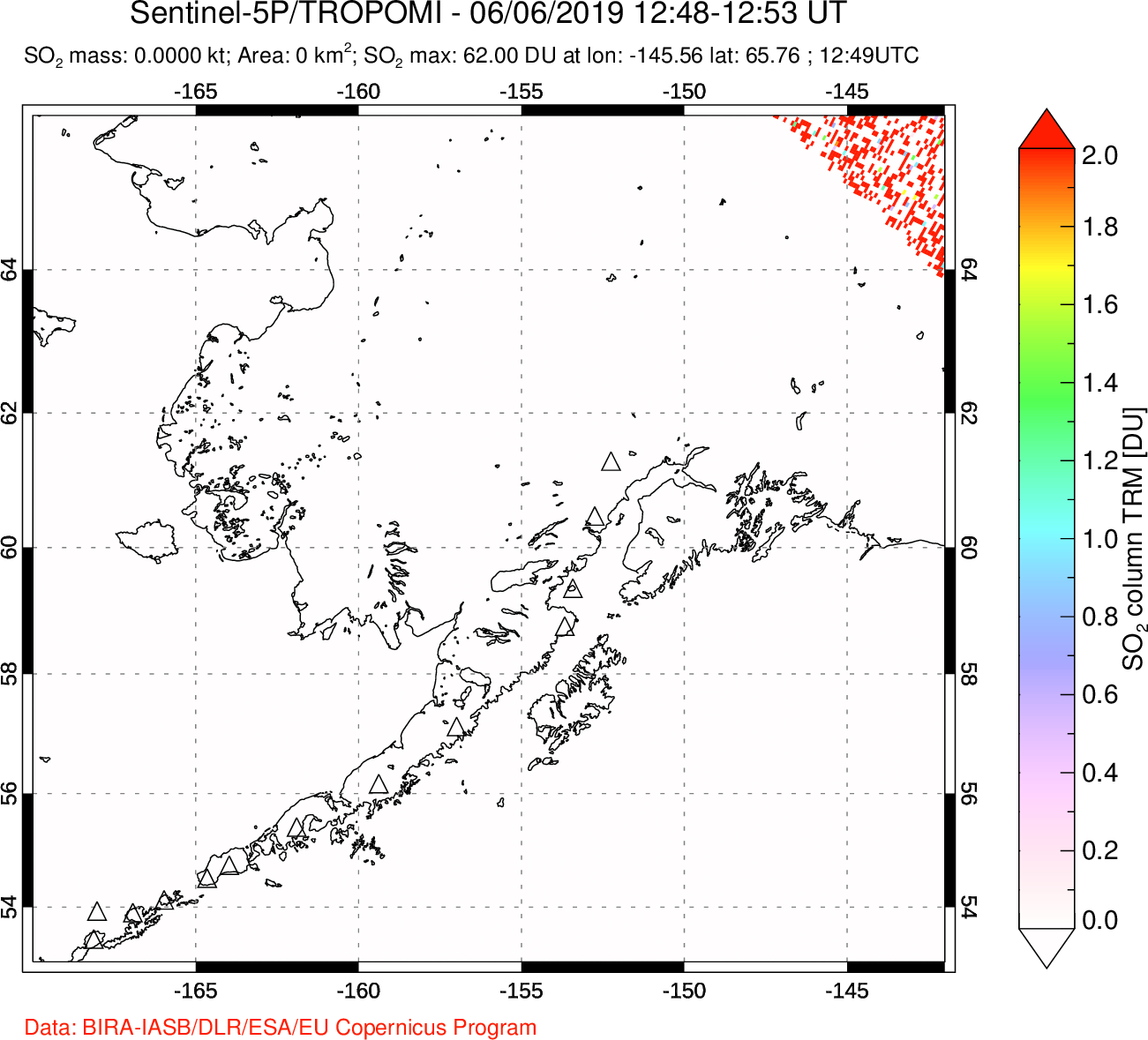 A sulfur dioxide image over Alaska, USA on Jun 06, 2019.