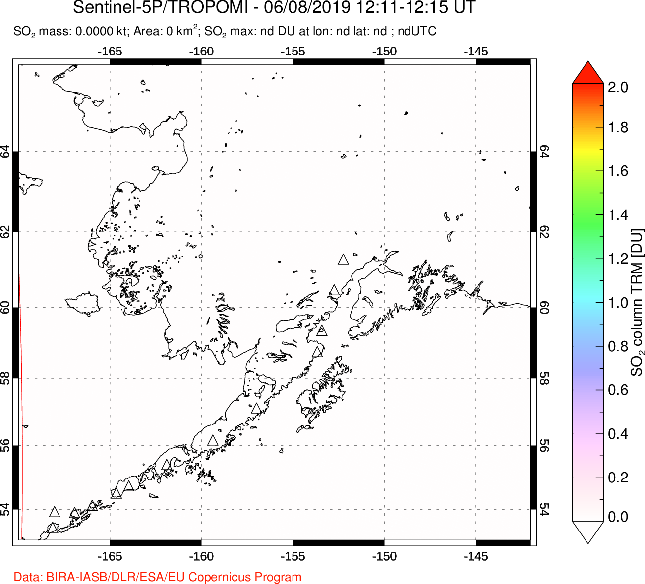 A sulfur dioxide image over Alaska, USA on Jun 08, 2019.