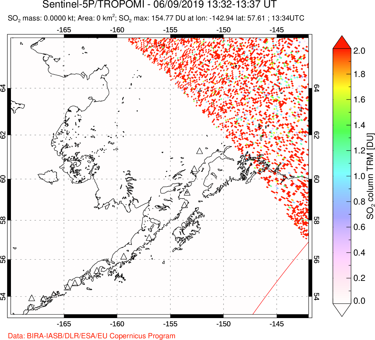 A sulfur dioxide image over Alaska, USA on Jun 09, 2019.