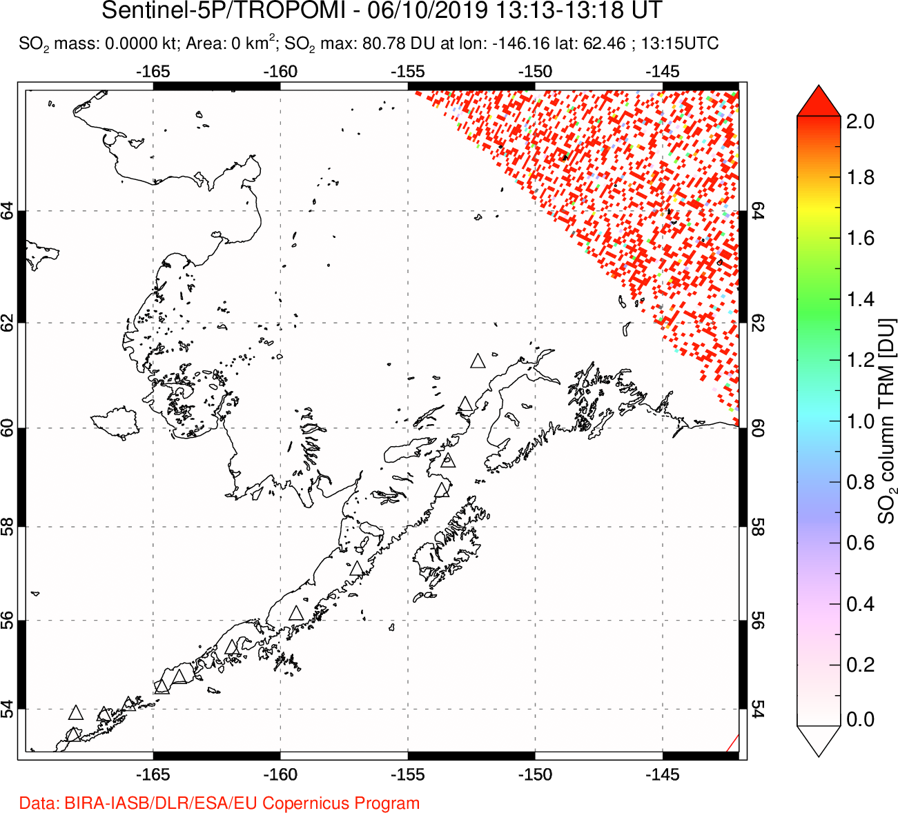 A sulfur dioxide image over Alaska, USA on Jun 10, 2019.