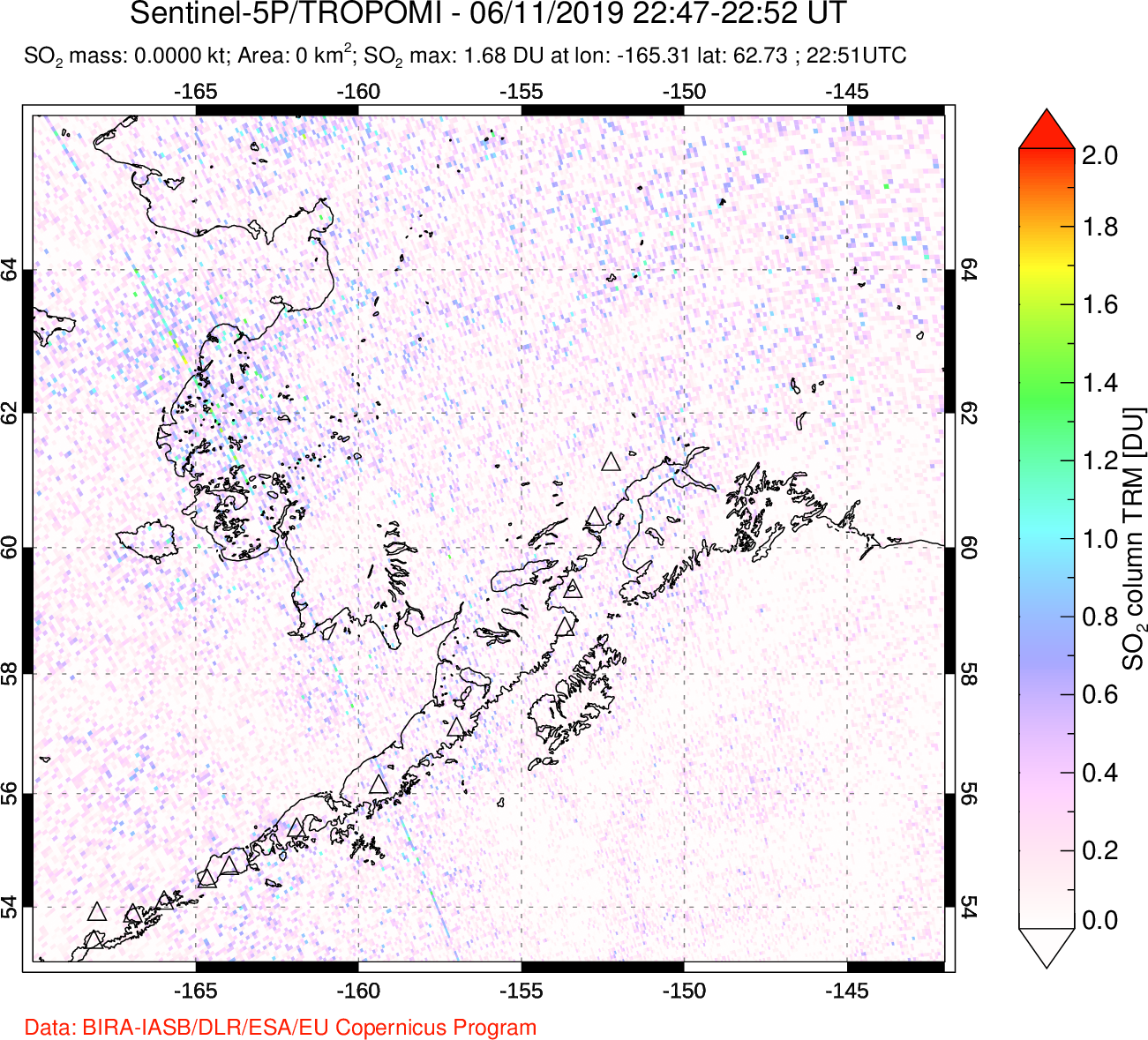 A sulfur dioxide image over Alaska, USA on Jun 11, 2019.