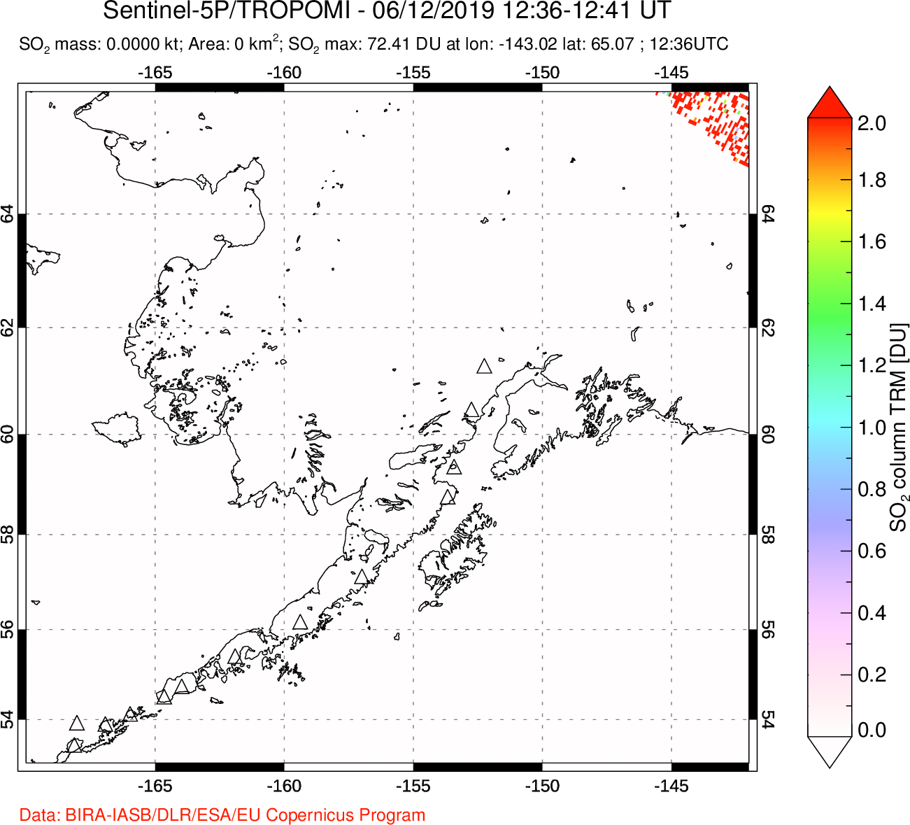 A sulfur dioxide image over Alaska, USA on Jun 12, 2019.