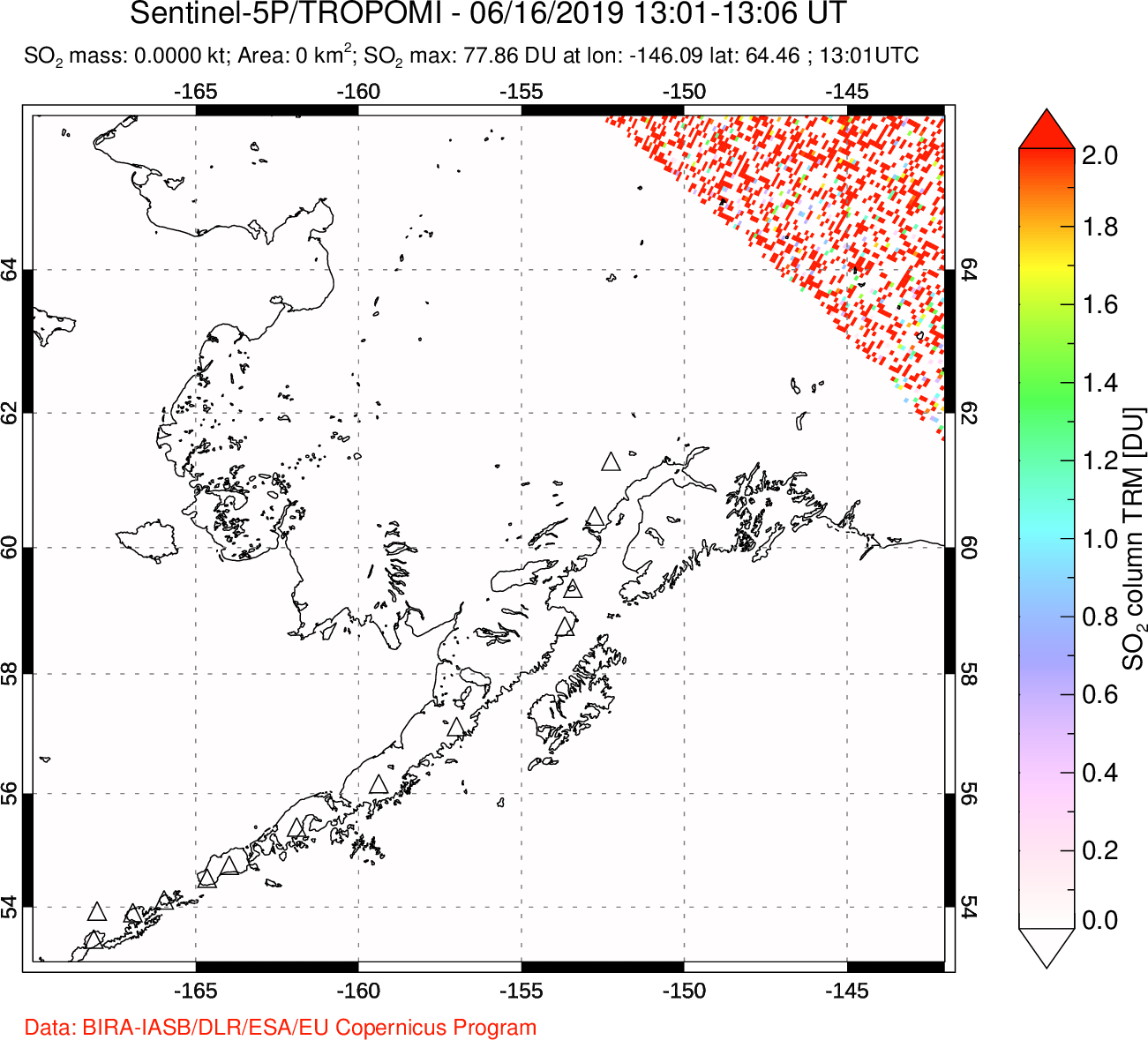 A sulfur dioxide image over Alaska, USA on Jun 16, 2019.