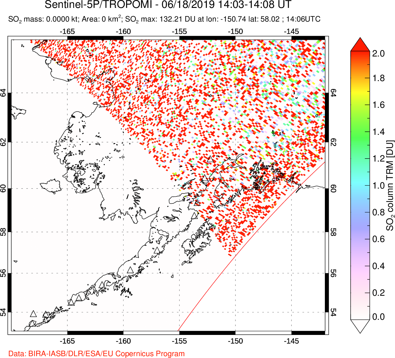 A sulfur dioxide image over Alaska, USA on Jun 18, 2019.
