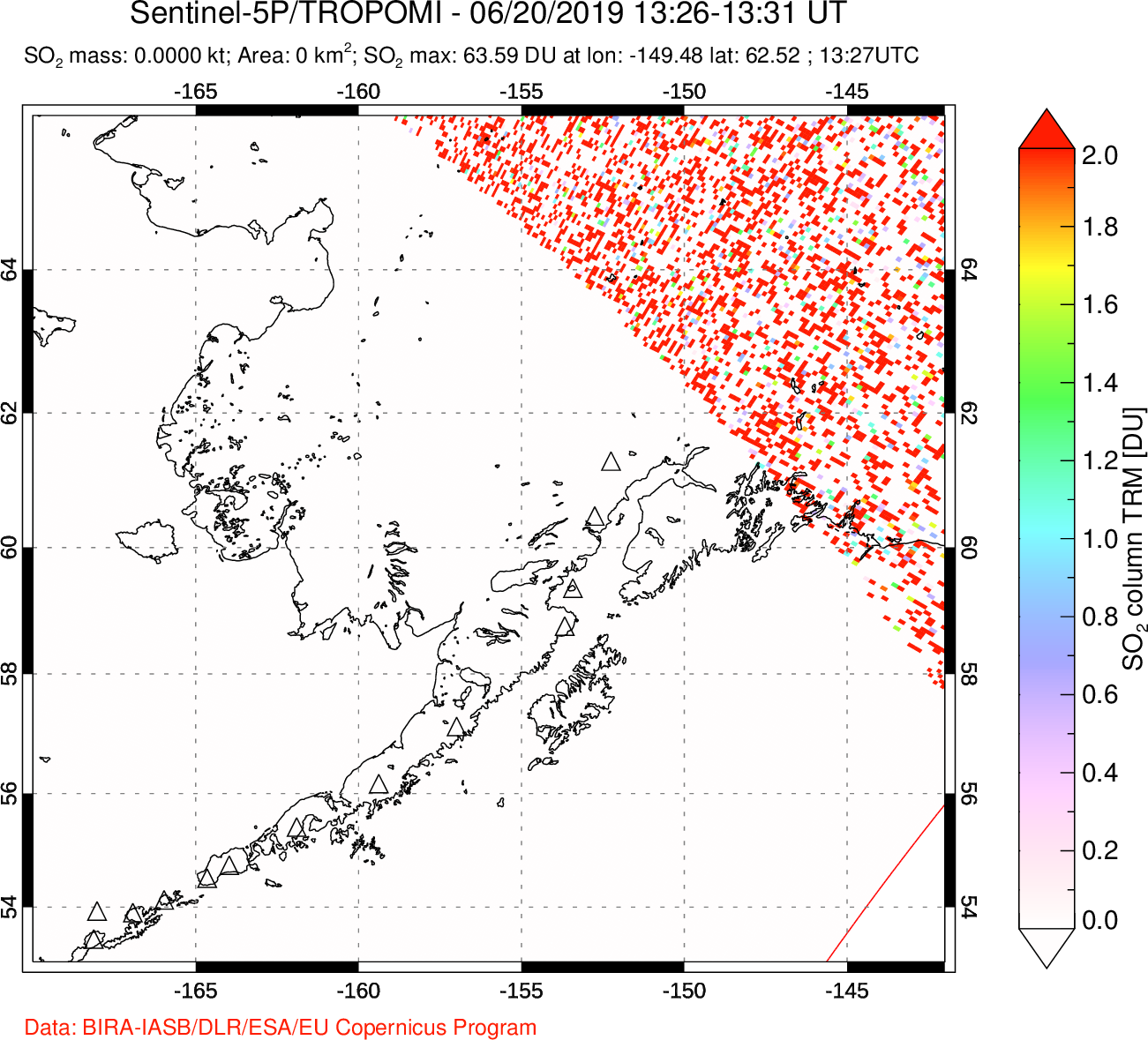A sulfur dioxide image over Alaska, USA on Jun 20, 2019.