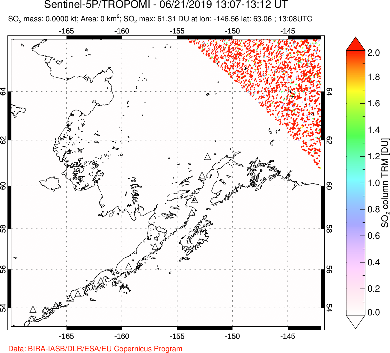 A sulfur dioxide image over Alaska, USA on Jun 21, 2019.