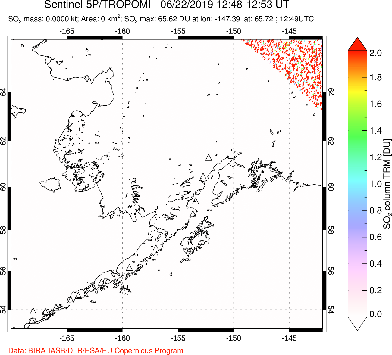 A sulfur dioxide image over Alaska, USA on Jun 22, 2019.