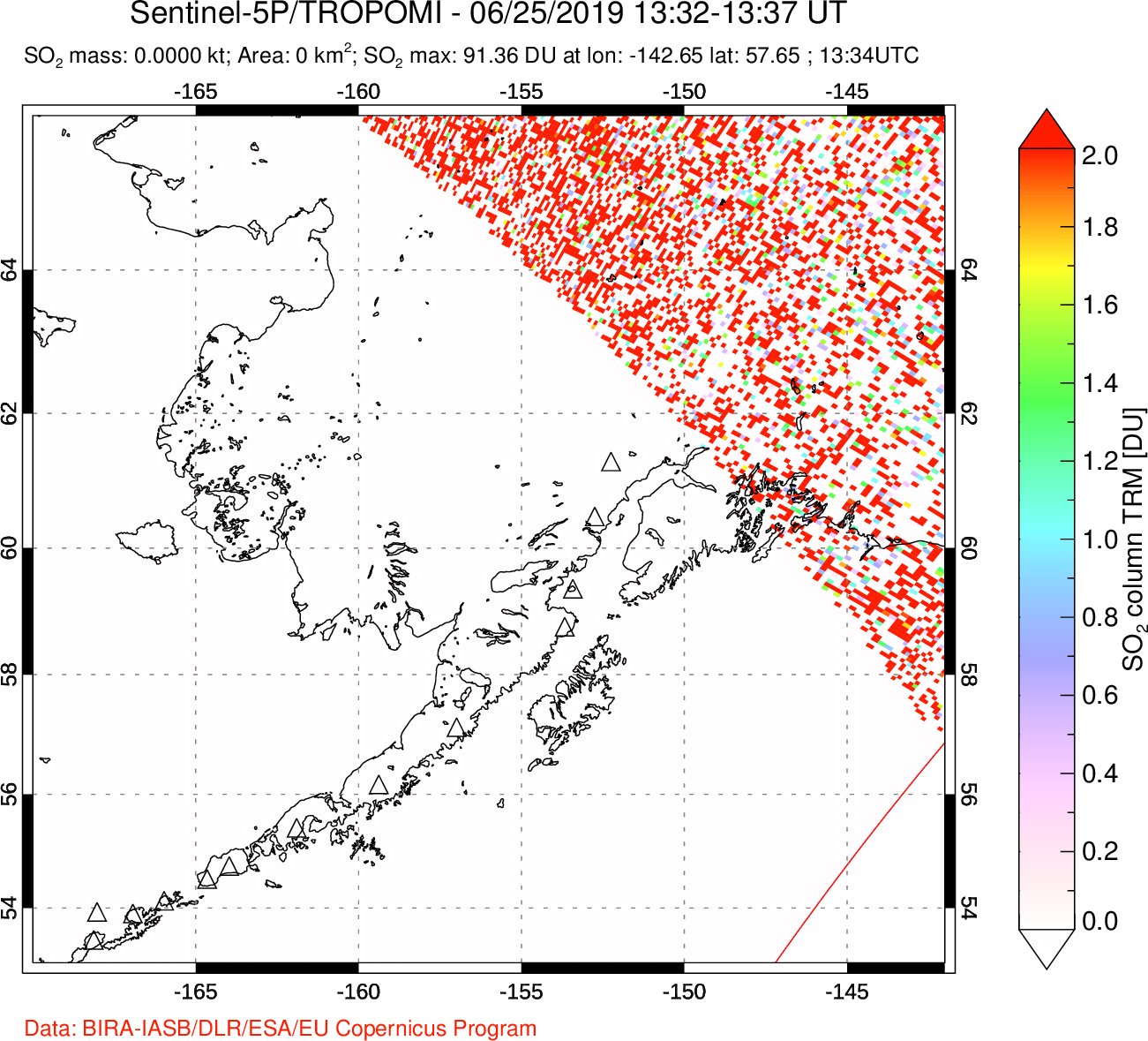 A sulfur dioxide image over Alaska, USA on Jun 25, 2019.