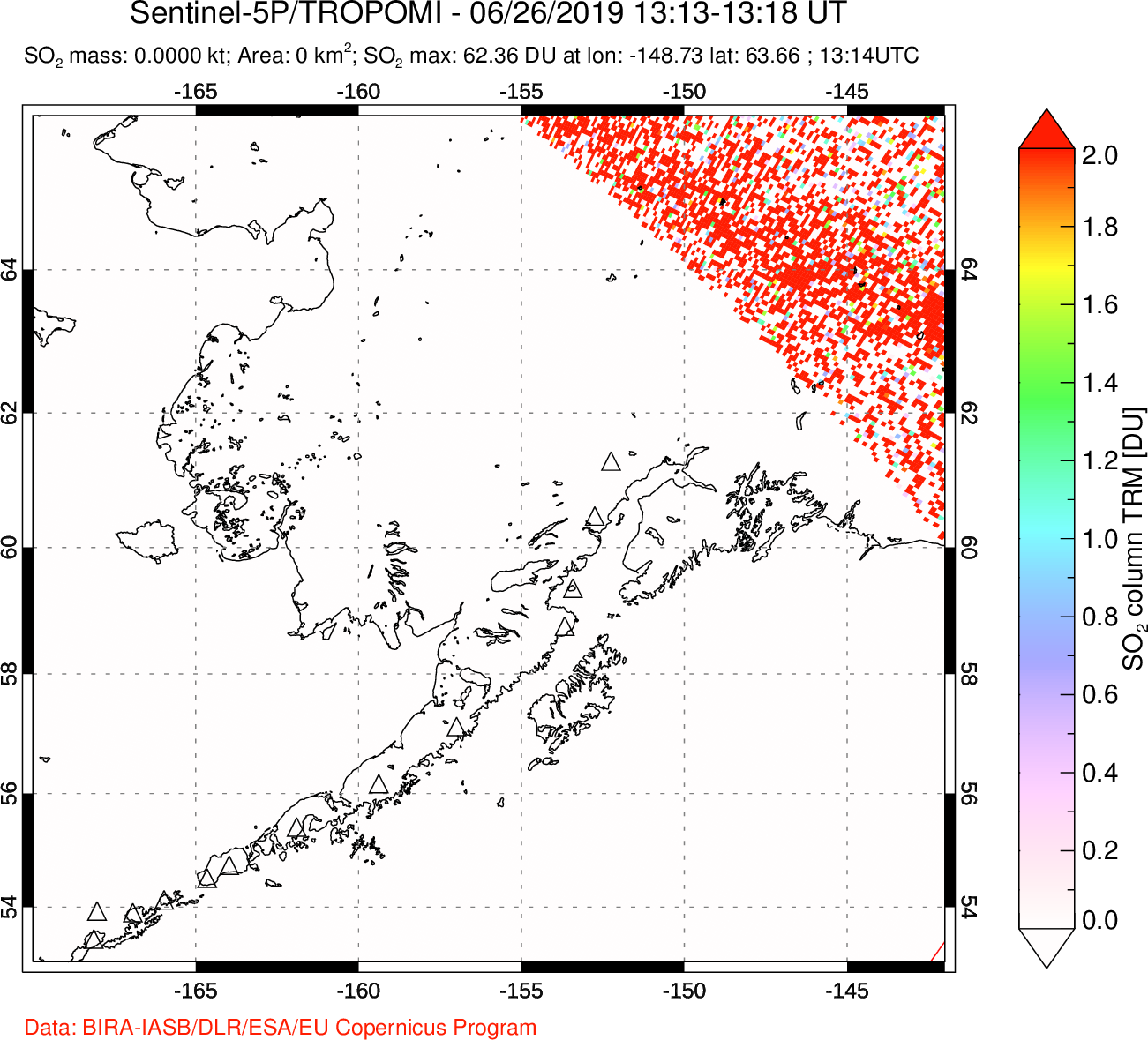 A sulfur dioxide image over Alaska, USA on Jun 26, 2019.