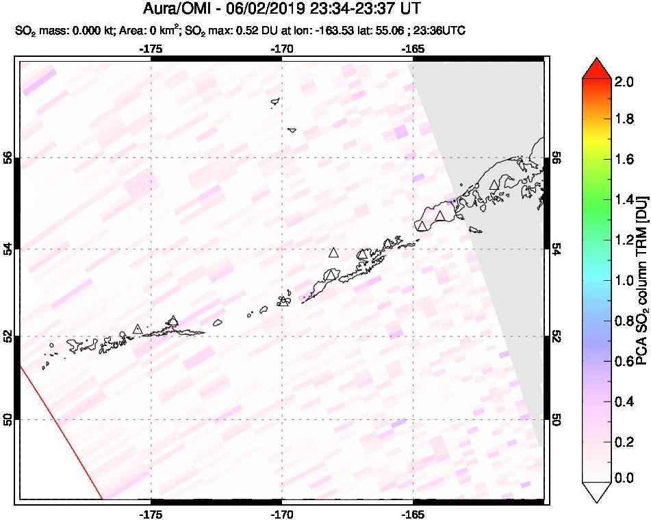 A sulfur dioxide image over Aleutian Islands, Alaska, USA on Jun 02, 2019.