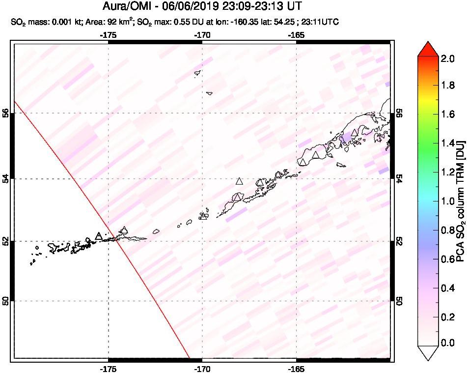 A sulfur dioxide image over Aleutian Islands, Alaska, USA on Jun 06, 2019.
