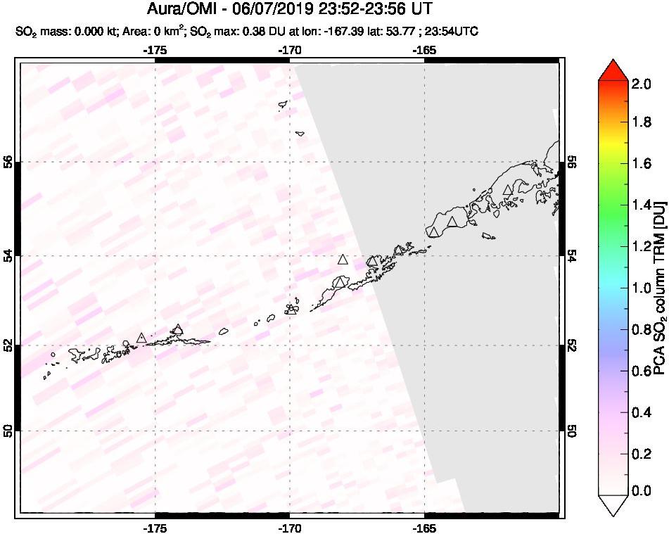 A sulfur dioxide image over Aleutian Islands, Alaska, USA on Jun 07, 2019.