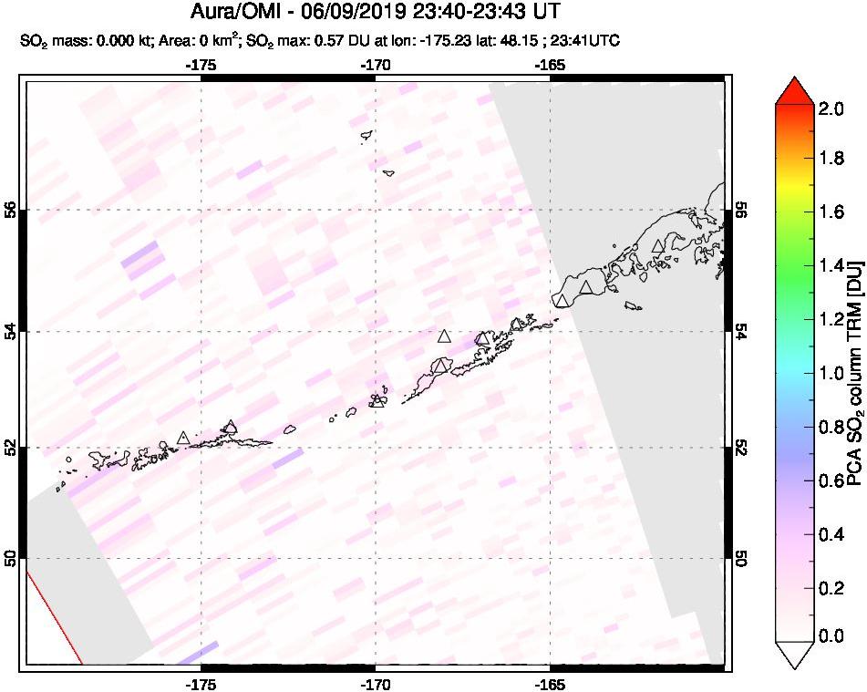 A sulfur dioxide image over Aleutian Islands, Alaska, USA on Jun 09, 2019.