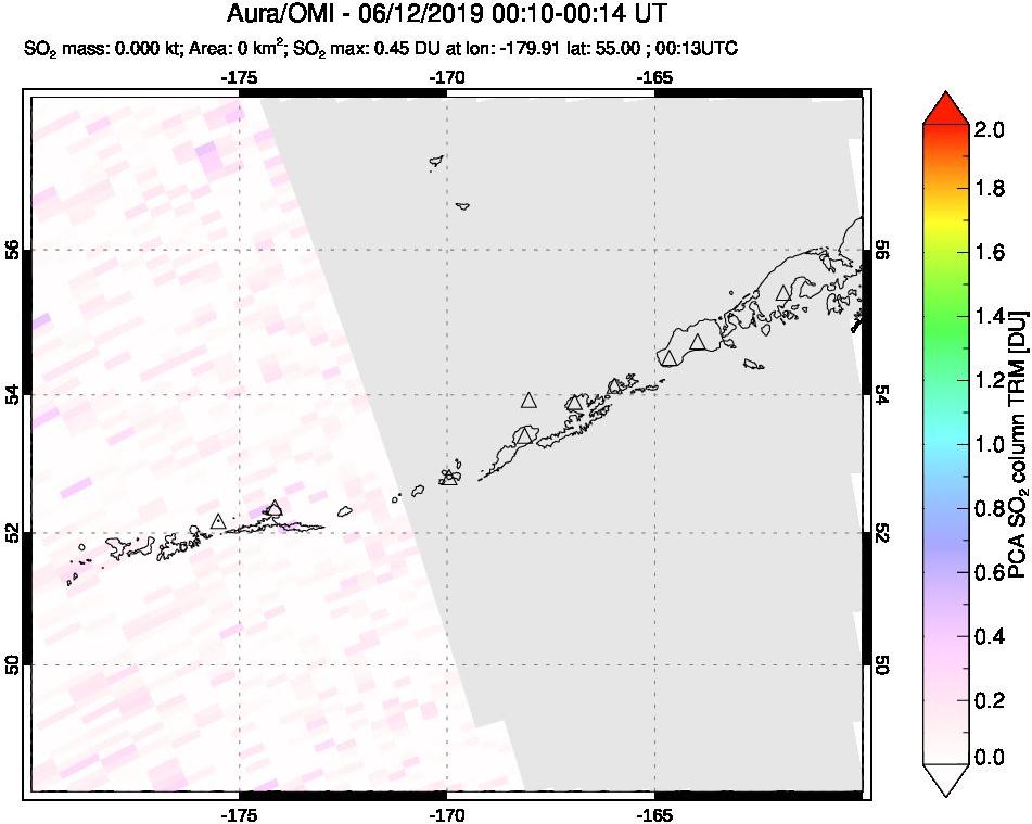 A sulfur dioxide image over Aleutian Islands, Alaska, USA on Jun 12, 2019.