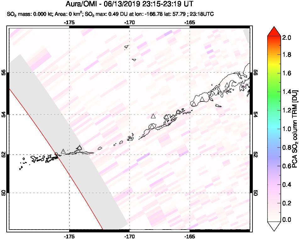 A sulfur dioxide image over Aleutian Islands, Alaska, USA on Jun 13, 2019.