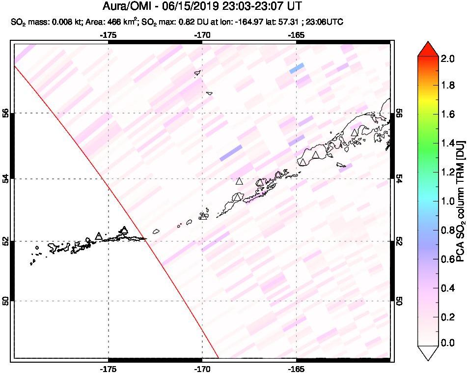 A sulfur dioxide image over Aleutian Islands, Alaska, USA on Jun 15, 2019.