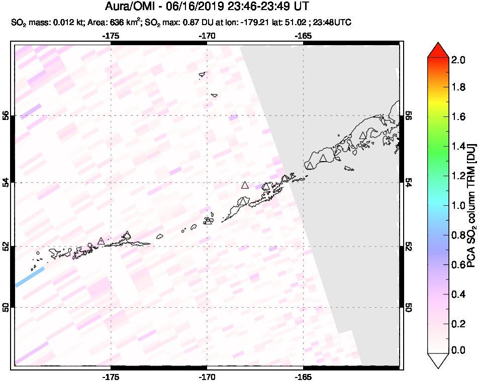 A sulfur dioxide image over Aleutian Islands, Alaska, USA on Jun 16, 2019.