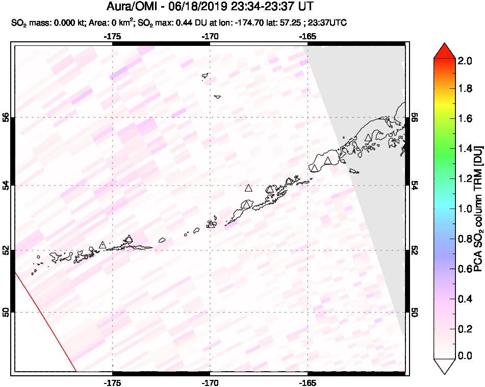 A sulfur dioxide image over Aleutian Islands, Alaska, USA on Jun 18, 2019.