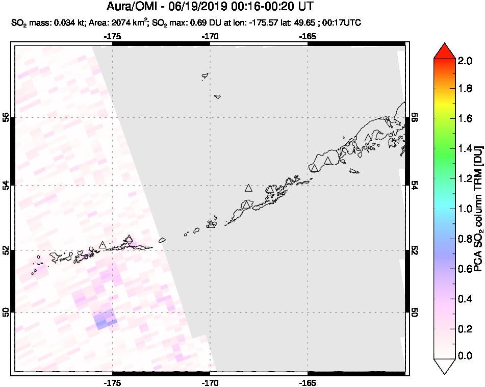 A sulfur dioxide image over Aleutian Islands, Alaska, USA on Jun 19, 2019.