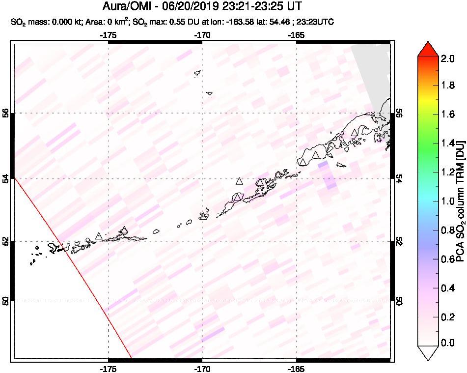 A sulfur dioxide image over Aleutian Islands, Alaska, USA on Jun 20, 2019.