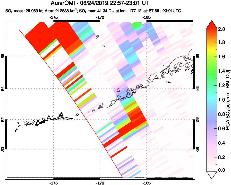 A sulfur dioxide image over Aleutian Islands, Alaska, USA on Jun 24, 2019.