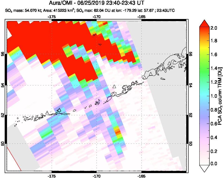 A sulfur dioxide image over Aleutian Islands, Alaska, USA on Jun 25, 2019.