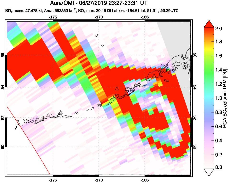 A sulfur dioxide image over Aleutian Islands, Alaska, USA on Jun 27, 2019.