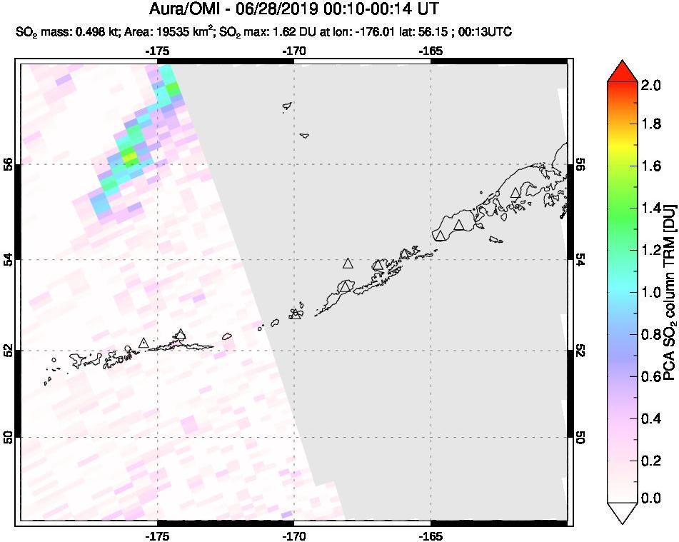 A sulfur dioxide image over Aleutian Islands, Alaska, USA on Jun 28, 2019.