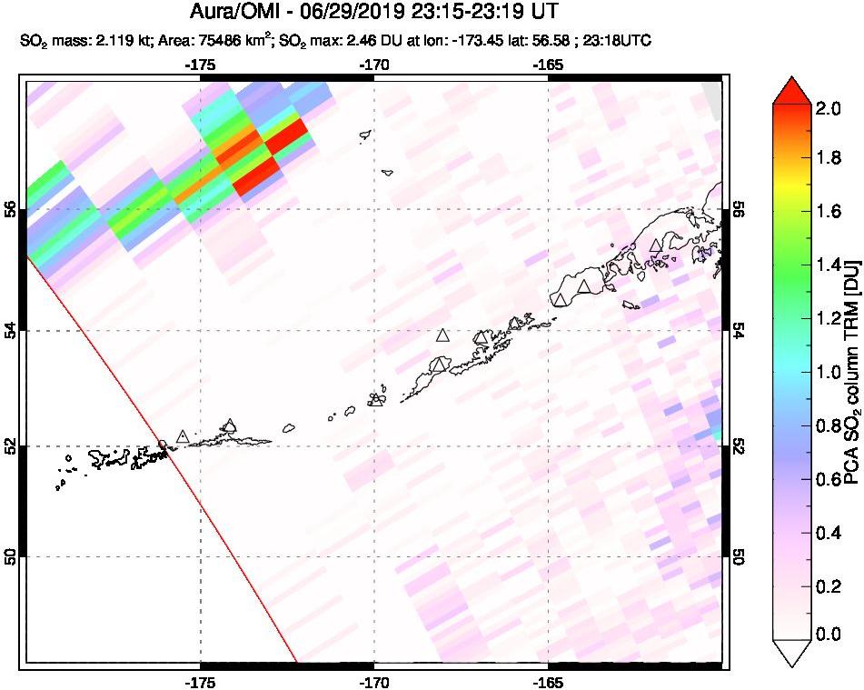 A sulfur dioxide image over Aleutian Islands, Alaska, USA on Jun 29, 2019.
