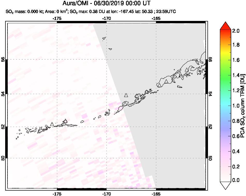 A sulfur dioxide image over Aleutian Islands, Alaska, USA on Jun 30, 2019.