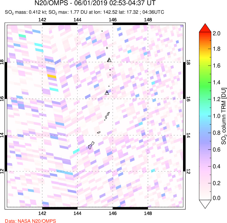 A sulfur dioxide image over Anatahan, Mariana Islands on Jun 01, 2019.