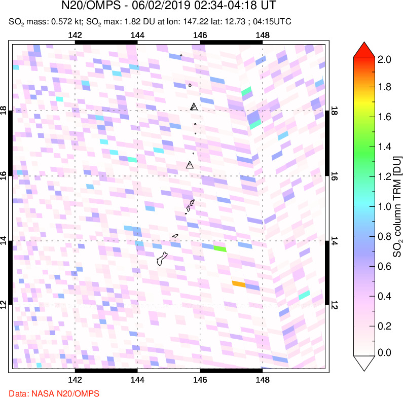 A sulfur dioxide image over Anatahan, Mariana Islands on Jun 02, 2019.