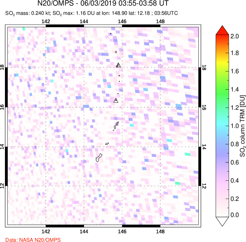 A sulfur dioxide image over Anatahan, Mariana Islands on Jun 03, 2019.