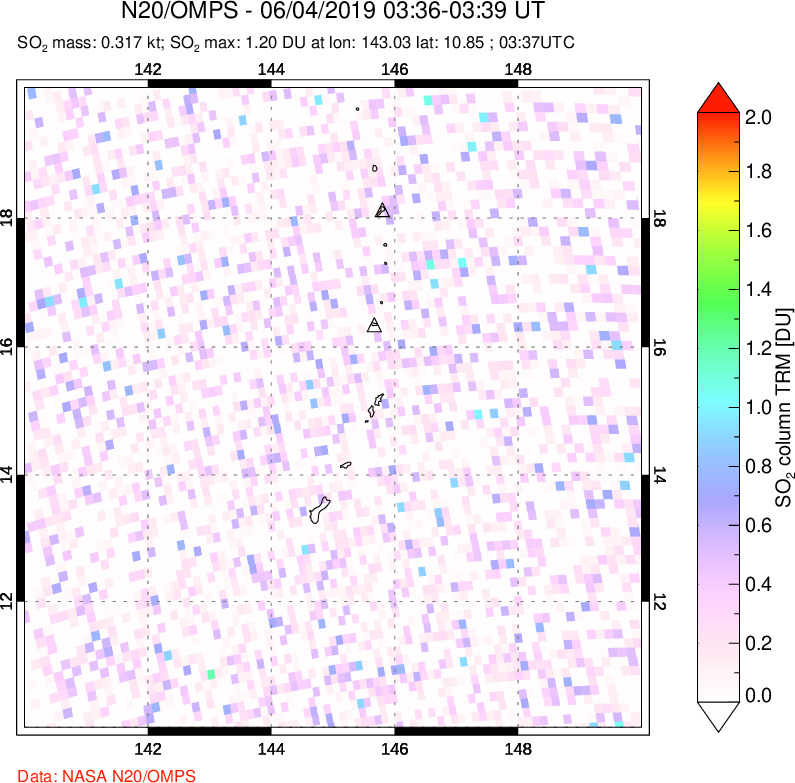 A sulfur dioxide image over Anatahan, Mariana Islands on Jun 04, 2019.