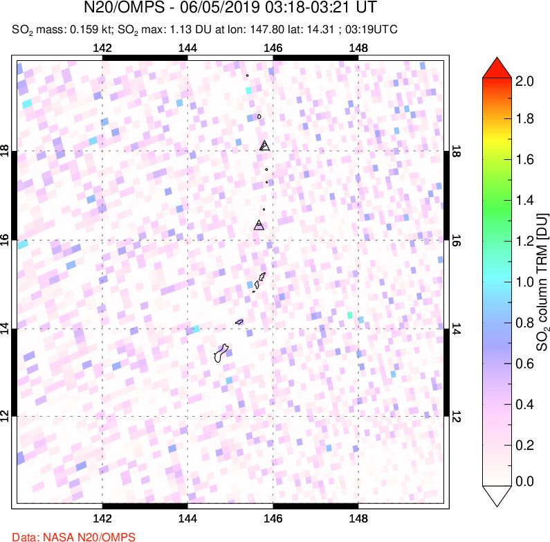 A sulfur dioxide image over Anatahan, Mariana Islands on Jun 05, 2019.