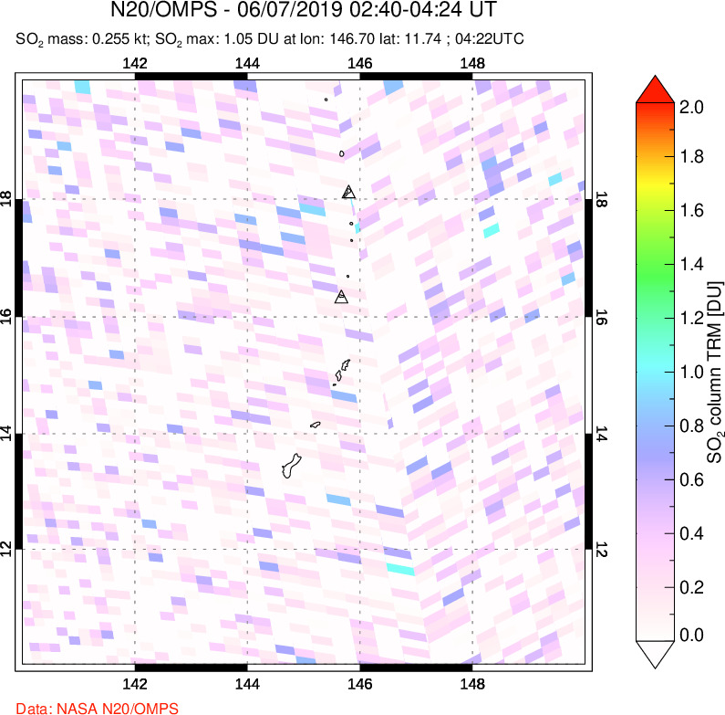 A sulfur dioxide image over Anatahan, Mariana Islands on Jun 07, 2019.