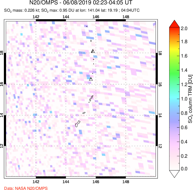 A sulfur dioxide image over Anatahan, Mariana Islands on Jun 08, 2019.