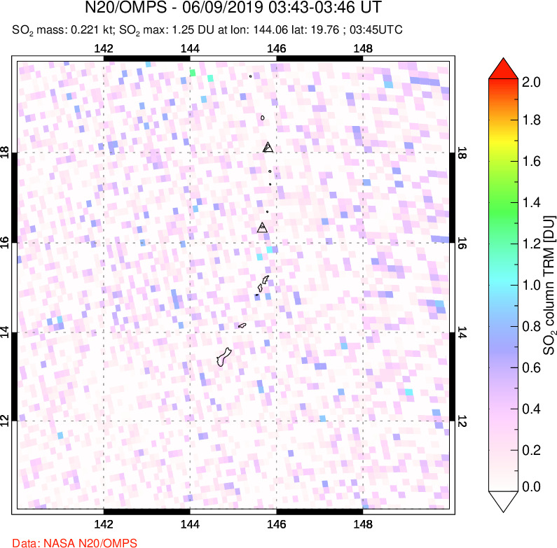 A sulfur dioxide image over Anatahan, Mariana Islands on Jun 09, 2019.